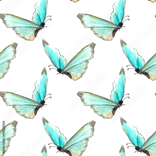 Seamless pattern of blue watercolor abstract translucent butterflies. Hand drawn delicate background and texture for wrapping paper, scrapbooking, children, girls or nature design © Iuliia