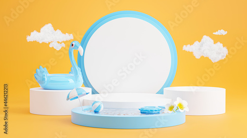 blue podium with summer beach,umbrella beach,plumeria,inflatable blue flamingo,swimming pool concept for product display