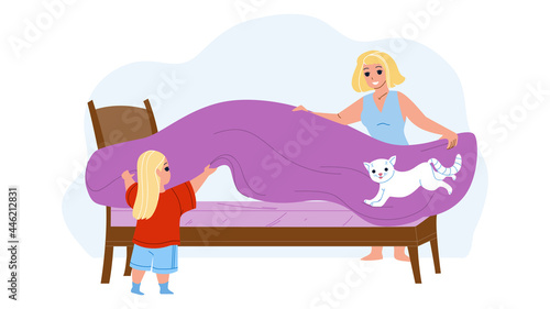 Mother And Daughter Make Bed With Bedsheet Vector. Woman And Girl Covering Bed With Coverlet In Bedroom Together. Characters Housekeeping And Morning Routine Flat Cartoon Illustration