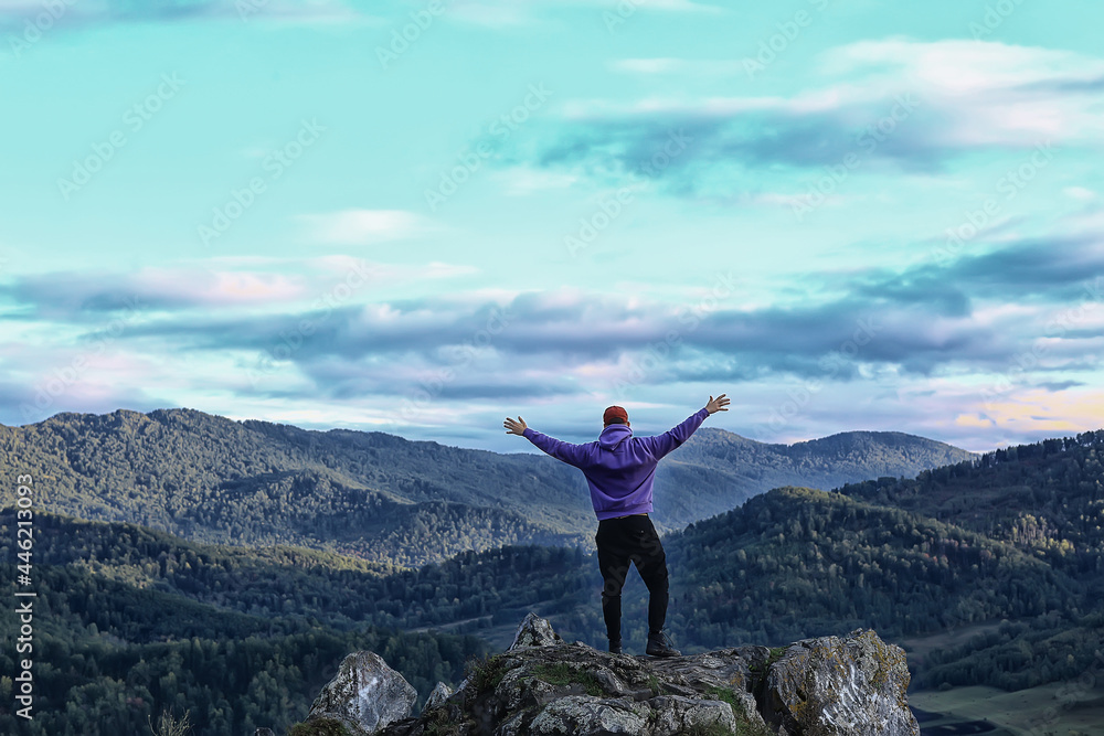 mountain man raised his hands, concept freedom victory active adventure mountain man raised his hands, concept freedom victory active adventure