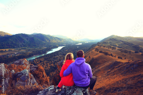 couple autumn altai lovers mountains, active adventures, travel happy tourism