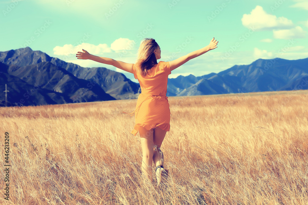 mountains travel field girl, freedom and happiness concept active mountains travel field girl, freedom and happiness concept active