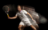 Portrait of young man, male tennis player in motion and action isolated on dark background. Stroboscope effect.