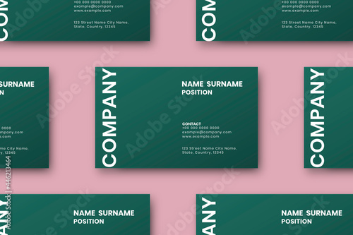 Green business card mockup vector set in flatlay