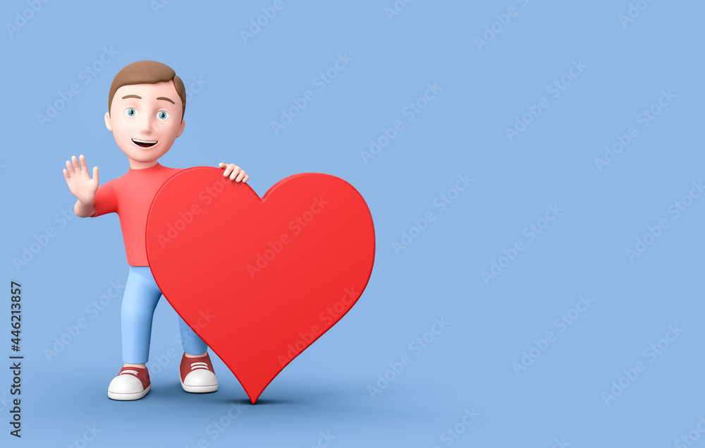 Young 3D Cartoon Character with Red Heart Shape on Blue Background with Copy Space Young 3D Cartoon Character with Red Heart Shape on Blue Background with Copy Space