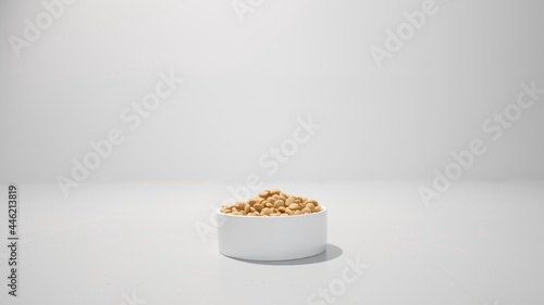 Dry pet food or meal in a white container. Studio white background high quality close-up photo image.