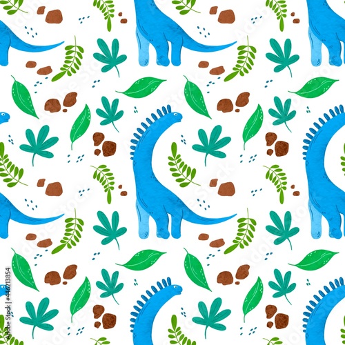 Seamless pattern with blue diplodocus for children products 