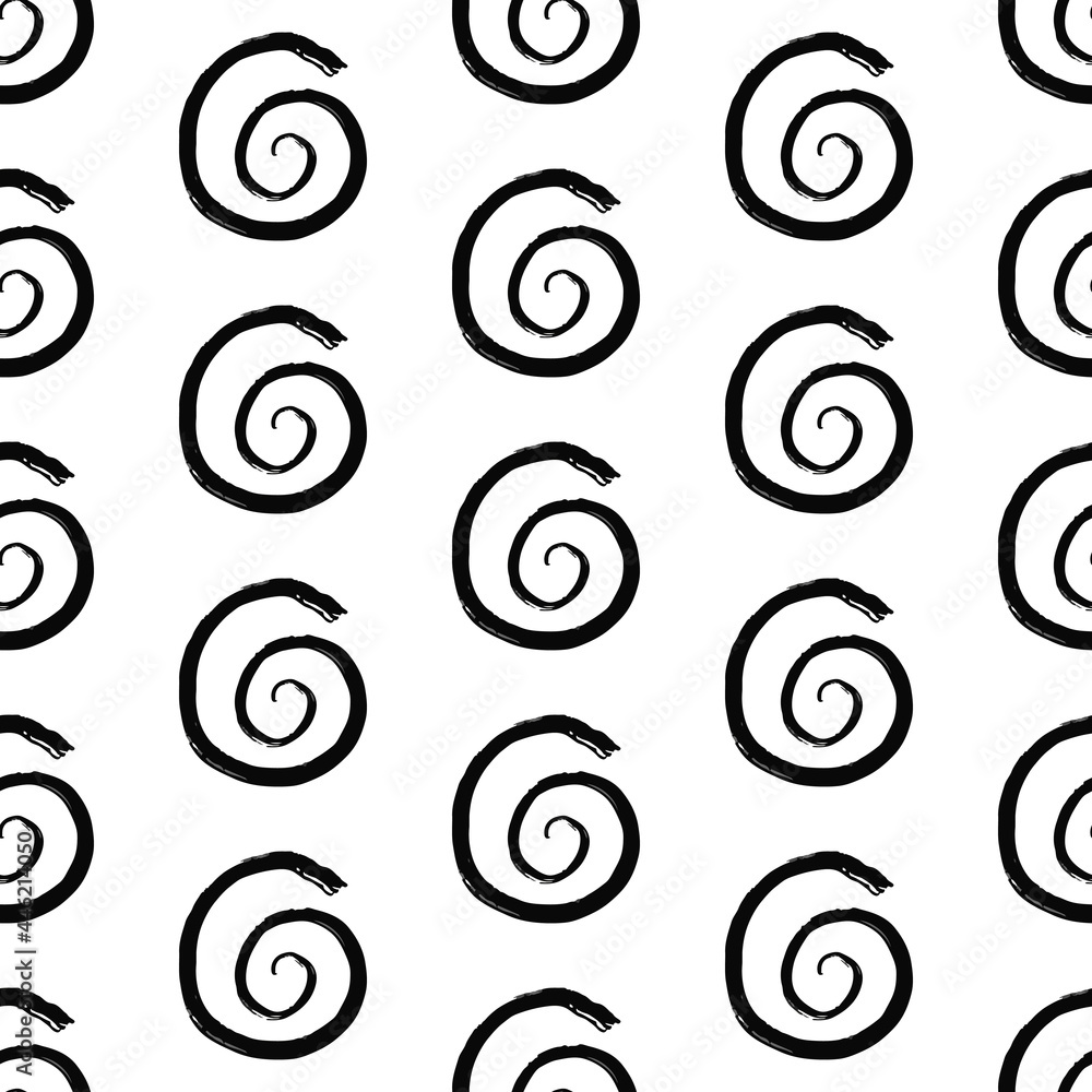 Abstract minimalist seamless pattern with hand drawn grunge black ink textured circle curl swirl. Vector minimal monochrome black and white background with textured noise shape Abstract minimalist seamless pattern with hand drawn grunge black ink textured circle curl swirl. Vector minimal monochrome black and white background with textured noise shape