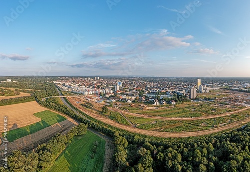 Drone image of German city Langen in southern Hesse during sunset
