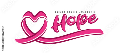 Hope, Breast cancer awareness text and drawing pink ribbon make heart sharp sign vector design