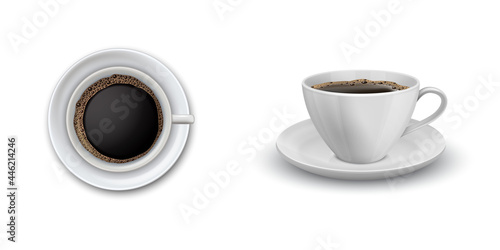 Modern realistic icon st with black coffee cup front and top view