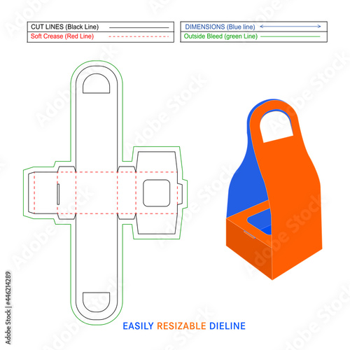 Paper gift box with holding notch and handle dieline template and 3D vector file