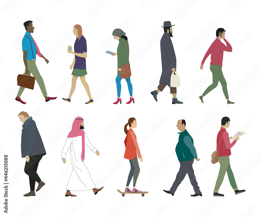Walking people set. Men and women, multicultural and multiracial, on foot and on skateboard, with bag, newspaper and phone, elderly and young. Walking people set. Men and women, multicultural and multiracial, on foot and on skateboard, with bag, newspaper and phone, elderly and young.