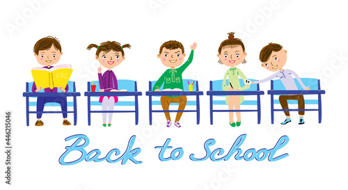 Cartoon schoolboys and schoolgirls vector set. Joyful children sitting at their desks. Back to school vector illustration.