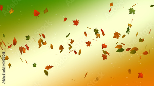 Natural Sweet View Flying Different Shapes Of Autumn Leaves And Glitter Dust In The Wind Against Green And Orange Gradient Background Design