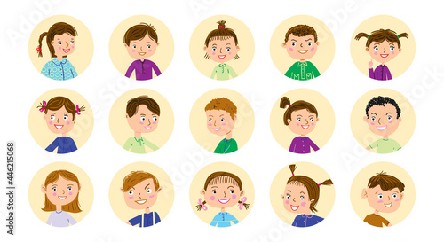 Cute children avatar characters. Vector set of cartoon userpic icon.