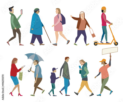 Walking people set. Men and women, elderly and young, on foot and on scooter, with umbrella and phone, adults and a child.