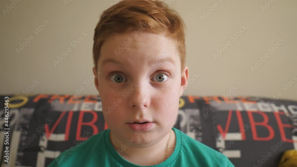 Little redhaired boy sitting on the sofa and looking into camera with
