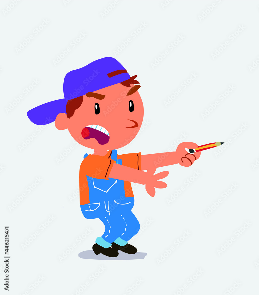 angry cartoon character of little boy on jeans with pencil points to the side.