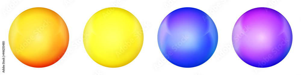 Obraz premium Set with glass colorful balls. Glossy realistic ball, 3D abstract vector illustration highlighted on a white background. Big metal bubble with shadow