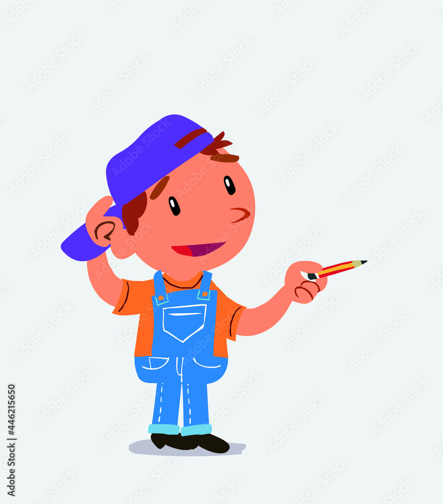 cartoon character of little boy on jeans doubts while pointing with a pencil. cartoon character of little boy on jeans doubts while pointing with a pencil.