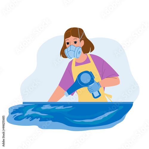 Resin Art Making Woman Artist With Fan Vector. Girl Master Make Creative Picture With Epoxy Resin Material And Electric Device. Character Lady Handcraft Time Flat Cartoon Illustration