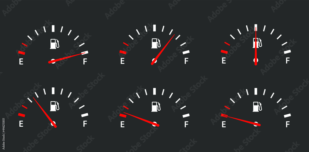 Fuel gas gauge meter icon symbol graphic. Petrol gasoline diesel tank empty full logo sign. Vector illustration image. Isolated on black background.	