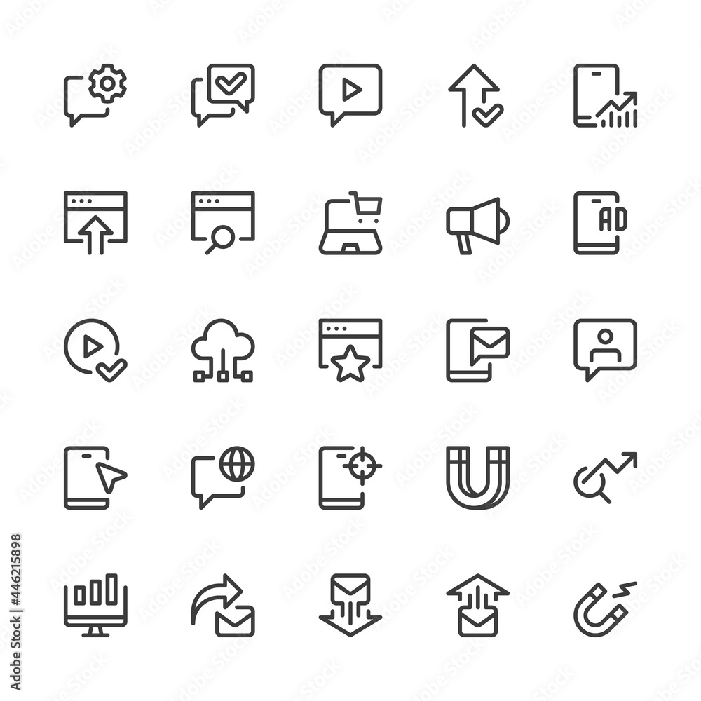 Marketing, Target Markets. Promotion the Buying or Selling. Simple Interface Icons for Web and Mobile Apps. Editable Stroke. 32x32 Pixel Perfect.