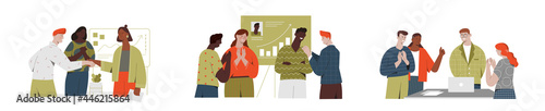 Diverse team congratulates colleague concept. People celebrate career development, successful project, birthday. Man and woman employee shaking hands. Set of flat cartoon vector illustrations