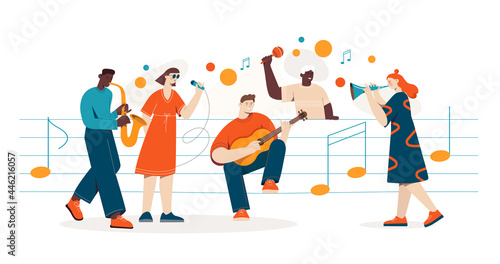 Diverse multiethnic people sit on sheet music sing and play different musical instruments. Flat colored cartoon vector illustration with characters isolated on white background. Abstract metaphor