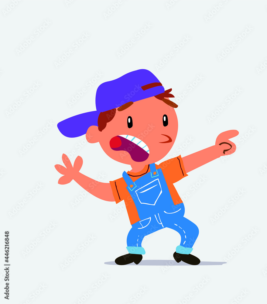 Scared cartoon character of little boy on jeans points to the side Scared cartoon character of little boy on jeans points to the side