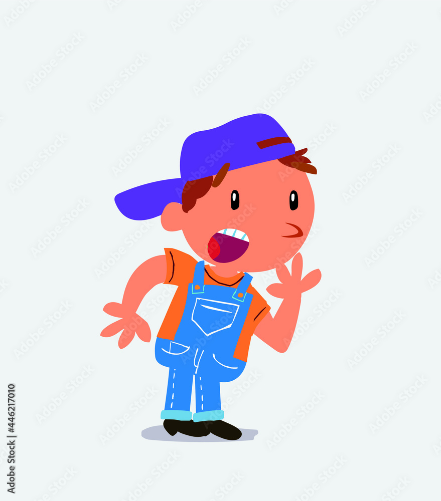 Unpleasantly surprised cartoon character of little boy on jeans looks to the side Unpleasantly surprised cartoon character of little boy on jeans looks to the side