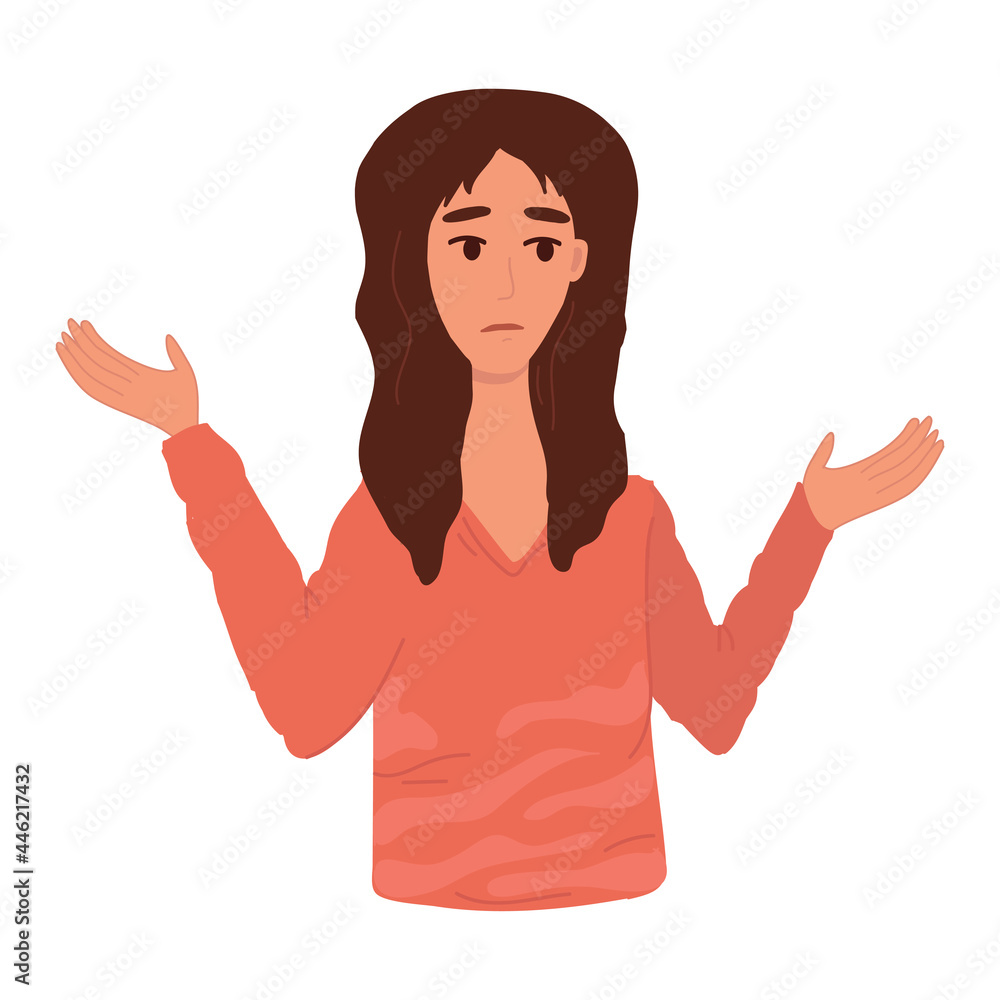 Young sad woman in red sweater standing disorientated bewildered. Decision making concept. Human facial expression emotions Young sad woman in red sweater standing disorientated bewildered. Decision making concept. Human facial expression emotions