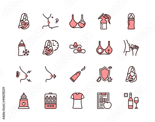Breastfeeding flat line icon set pink color. Vector illustration lactation. Included nipple shield, breast pads, newborn feeding for hours, nursing clothes, mastitis. Editable strokes