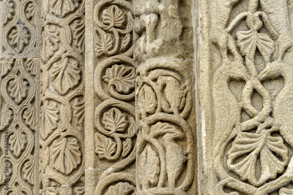 Facade of San Michele Maggiore, medieval basilica in Pavia. Detail