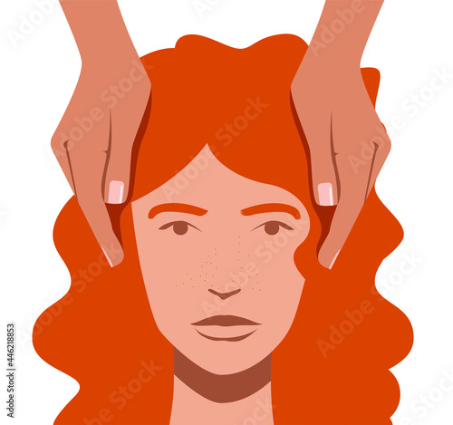 Reiki healing vector flat design illustration. palm healing scene. Hands surround woman's head.