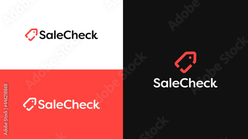 Sale Check Logo Design Concept. Logo Design Template for Sales Analytics or Marketing Company. Modern Logo Design with Sale Tag and Tick Icon in Black and Red Colours. 