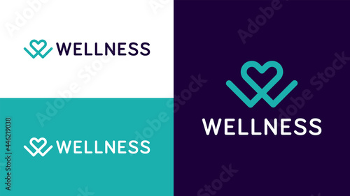 Wellness Logo Design Concept. Vector Logo Template for Health, Wellness or Fitness Company. W Letter with Love Heart Logo Symbol in Modern Colour Scheme