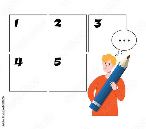 Man with big pencil he was thinking of a story to create storyboard on white background, story, storyboard, idea, concept, Vector illustration design	