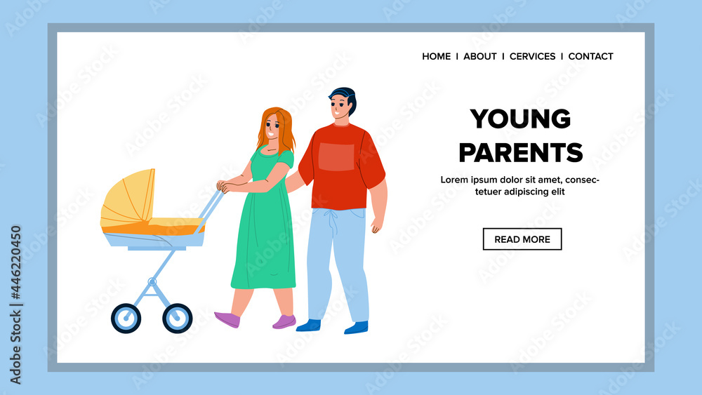 Young Parents Walking With Newborn Baby Vector. Young Parents Father And Mother Walk With Stroller On Street Together. Characters Family Enjoyment Outside Web Flat Cartoon Illustration