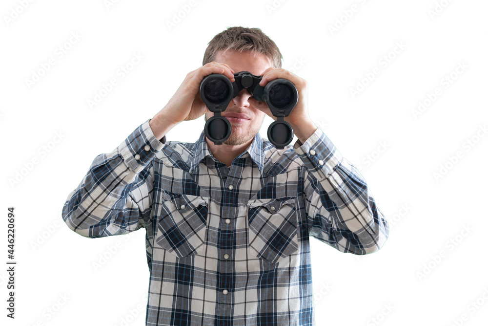 young person hiking in the mountains and using binoculars, travel concept, isolated white background young person hiking in the mountains and using binoculars, travel concept, isolated white background