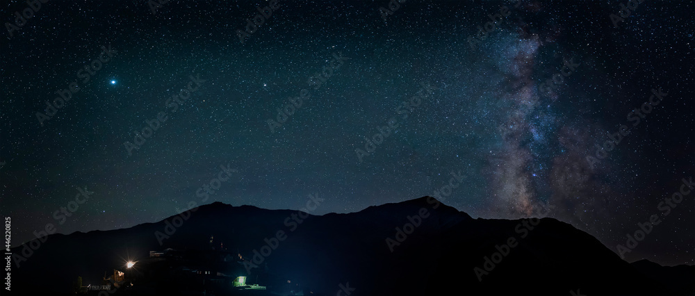 Khinalig village at night against the background of the milky way