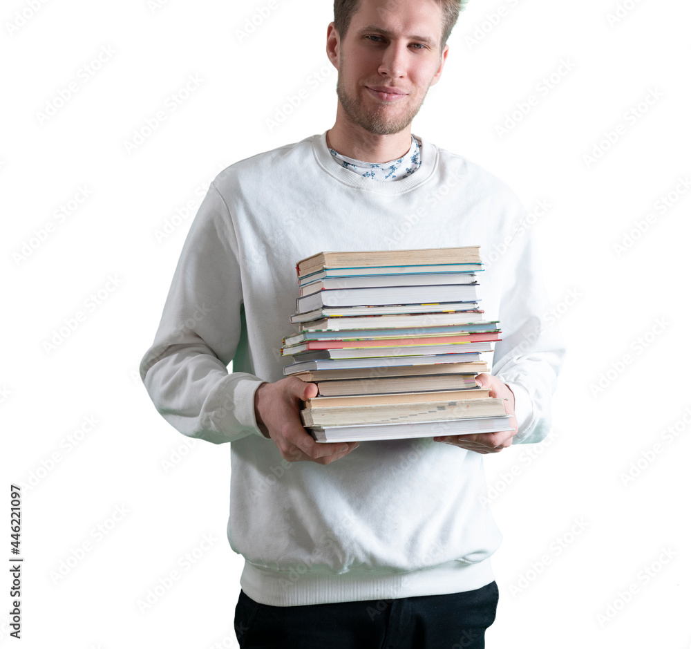 student holding stack of books, carry heavy paper textbooks, motivation concept, isolated white background student holding stack of books, carry heavy paper textbooks, motivation concept, isolated white background