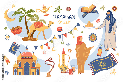 Ramadan Kareem concept isolated elements set. Collection of muslims celebrate holiday, mosque, Quran, lantern, crescent and stars, camel, food and other. Vector illustration in flat cartoon design