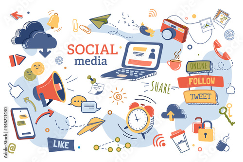 Social media concept isolated elements set. Collection of user profile, following blogger, advertising campaign, cloud storage, online chatting and other. Vector illustration in flat cartoon design