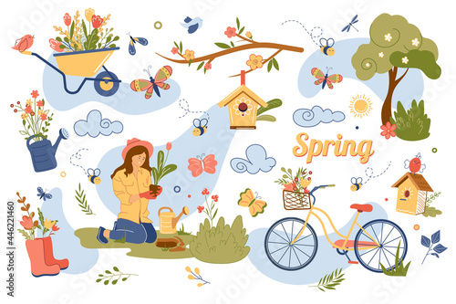 Spring concept isolated elements set. Collection of woman planting plants in garden, bicycle with basket, tree, cart with flowers, bird house and other. Vector illustration in flat cartoon design
