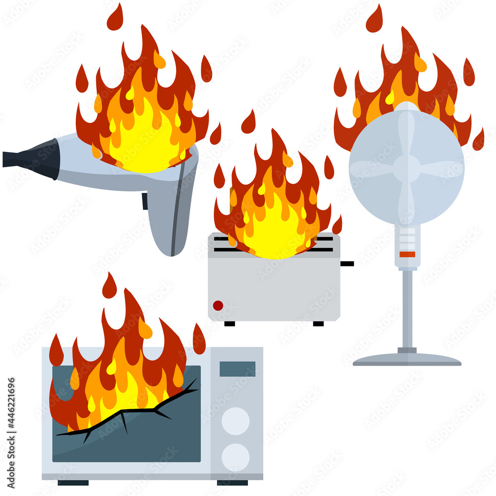 Vektorová grafika „Home appliances on fire. Broken toaster, hair dryer