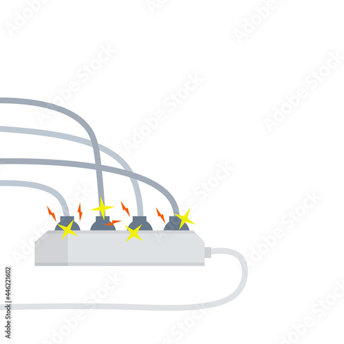 Electrical circuit. Shock, red lightning and yellow sparks from the outlet. Fire situation with smoke and safety. Connector and plug. System overload. The problem with the appliance