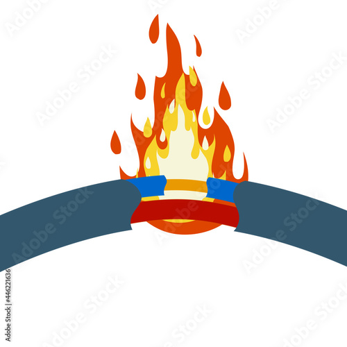 Blue damaged cable with red wire. short circuit. Cartoon flat illustration. Broken line. faulty electrical appliance. Safety rule. Orange flame and fire