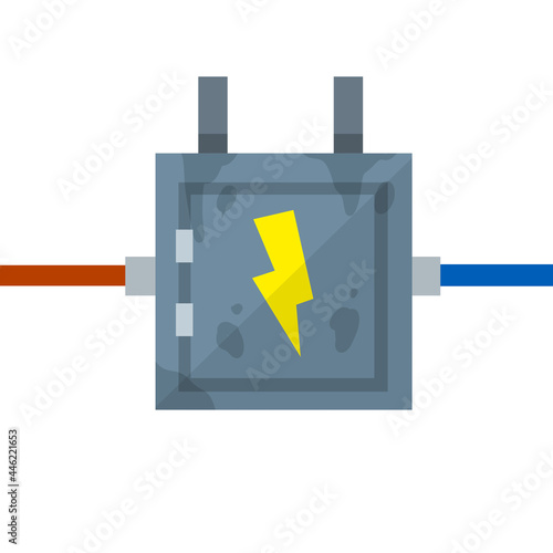 Switchboard. High voltage sensor. Technical industrial appliance. Danger sign - yellow lightning. Current switch. Cartoon flat illustration. Fuse and electrical engineering. Electrical wires in box